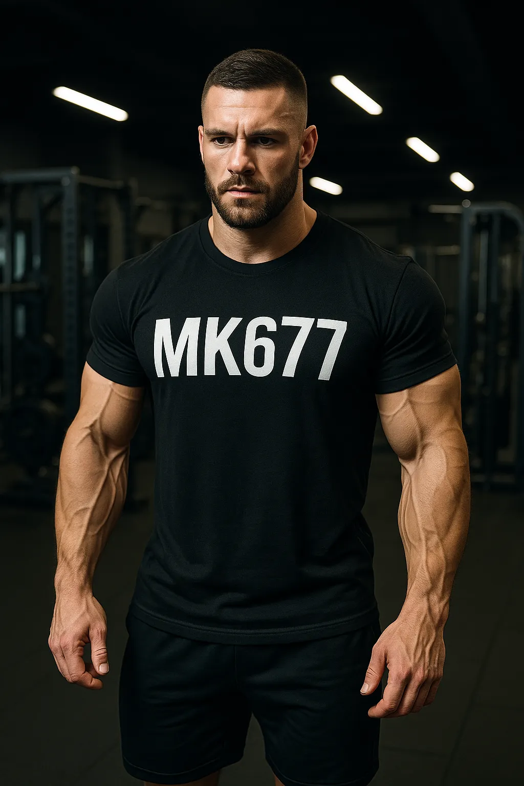 גבר שרירי לובש חולצה עם הכיתוב MK677 בחדר כושר – מתאים למאמר על Ibutamoren