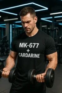 מתאמן בחדר כושר לובש חולצה עם כיתוב MK-677 ו-Cardarine