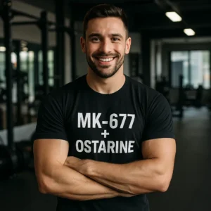 מתאמן בחדר כושר לובש חולצה עם הכיתוב MK-677 ו-Ostarine